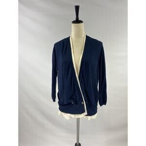 Cremieux Cardigan Navy Cream Large Mixed Media NWT Double Breasted Layered Look